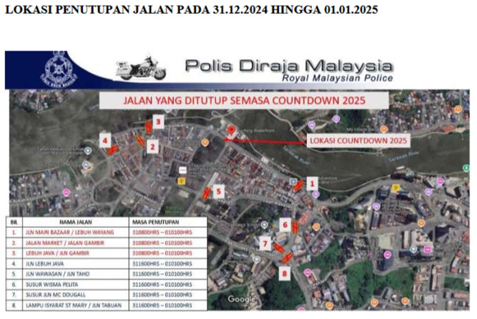 Jalan Utama Ditutup Di Kuching Sempena Sambutan Tahun Baru 2025, Ini Apa Anda Perlu Tahu