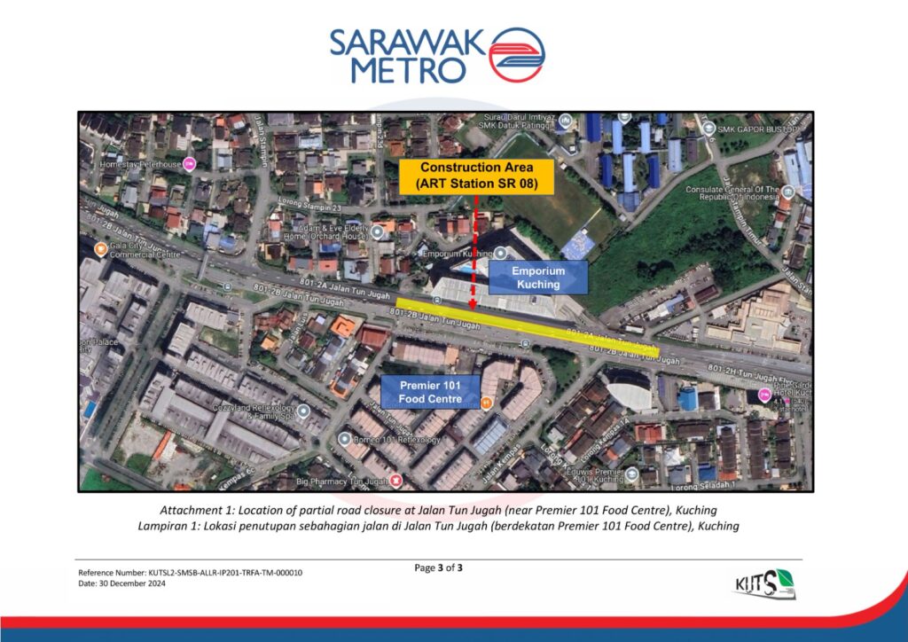 Penutupan Sebahagian Jalan Tun Jugah Untuk Pembinaan Stesen ART Mulai 3 Januari 2025