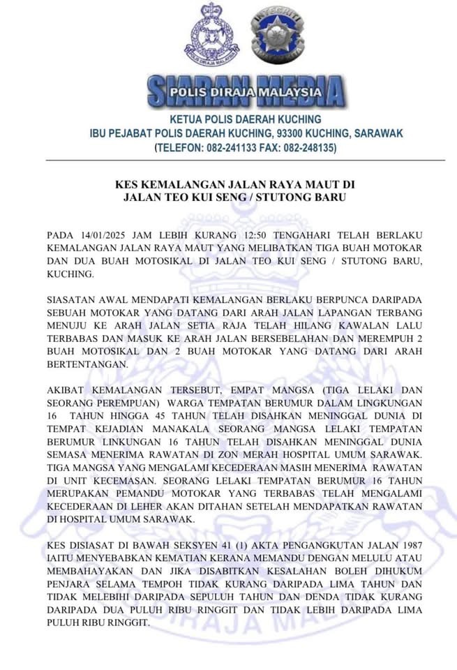 Kemalangan Ngeri Jalan Stutong Ragut 5 Mangsa, Pemandu 16 Tahun Kini Ditahan