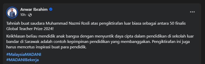 PMX Ucap Tahniah, Bangga Cikgu Di Sarawak Ini Tersenarai 50 Terbaik Dunia