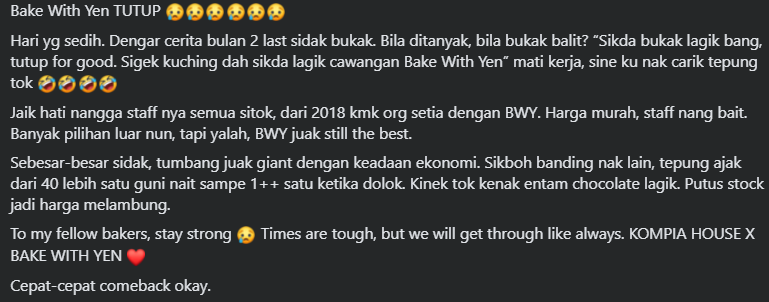 Bake With Yen Cawangan Metrocity Bakal Henti Operasi, Kini Buat Penghabisan Stok