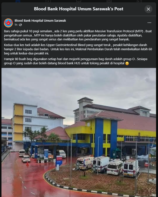 Pesakit Hilang 2 Liter Darah, Pihak HUS Rayu Derma Darah Kumpulan O