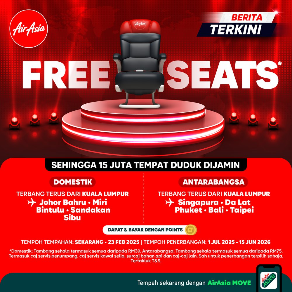 AirAsia Kembali Dengan Kempen Tempat Duduk Percuma Termasuk Ke Sabah Sarawak 