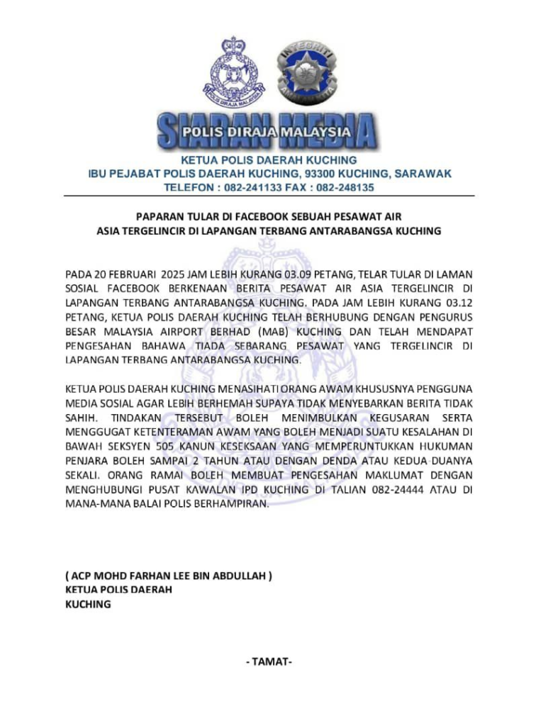 Polis Nafi Dakwaan Pesawat AirAsia Terbabas Di Lapangan Terbang Kuching