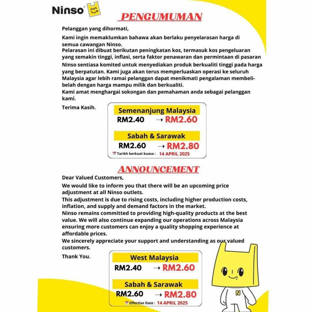 Naik 20 Sen, Ninso Umum Pelarasan Harga Baharu Mulai 14 April 2025