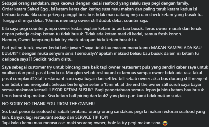 Terima Ketam Busuk Di Sabah, Pelanggan Luah Kesal Dihina Pemilik Restoran