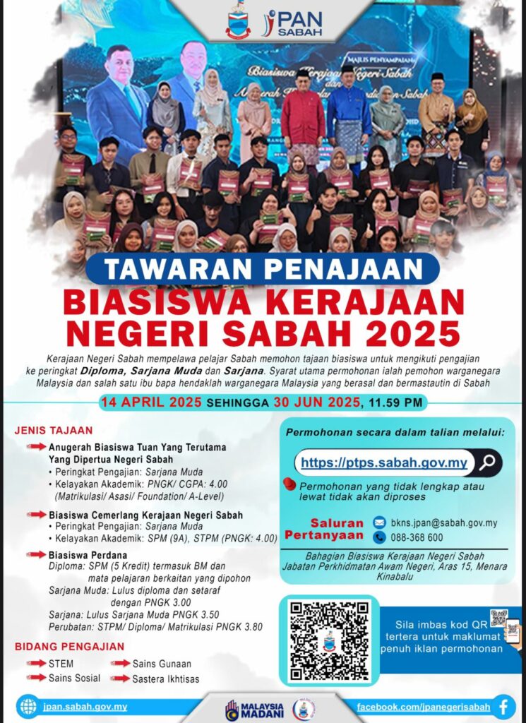 Biasiswa Kerajaan Negeri Sabah 2025 Kini Dibuka, Ini Apa Yang Anda Perlu Tahu