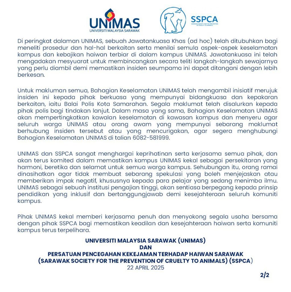 UNIMAS Dan SSPCA Bekerjasama Jaga Kebajikan Haiwan Di Kampus