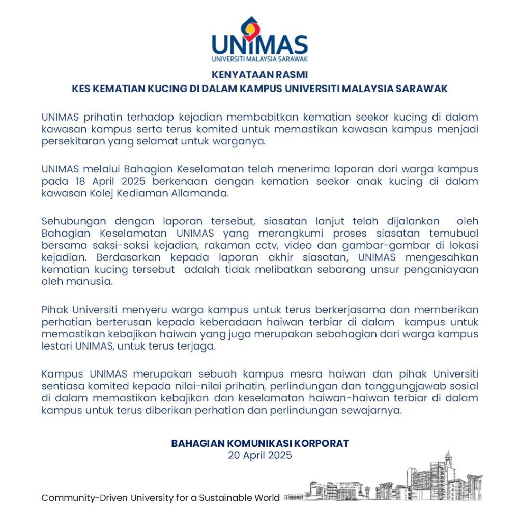 UNIMAS Sahkan Kematian Anak Kucing Bukan Akibat Penderaan