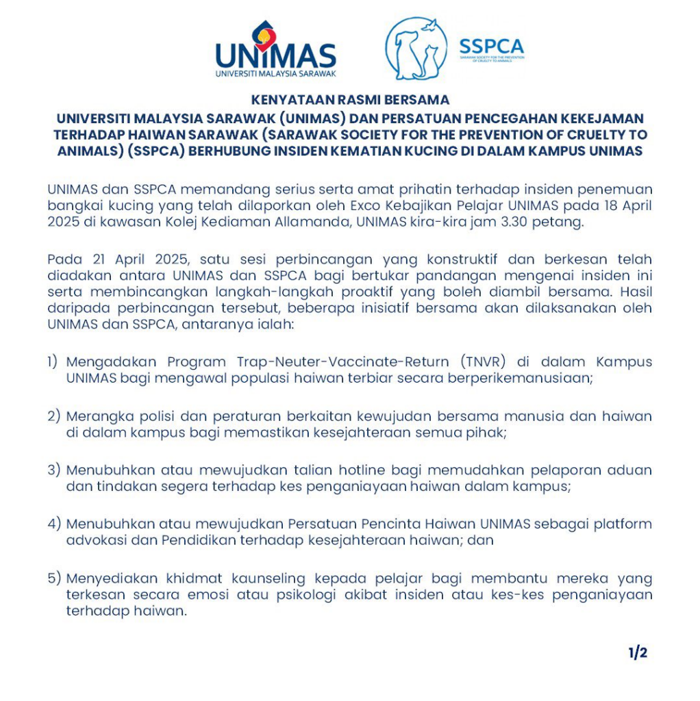 UNIMAS Dan SSPCA Bekerjasama Jaga Kebajikan Haiwan Di Kampus
