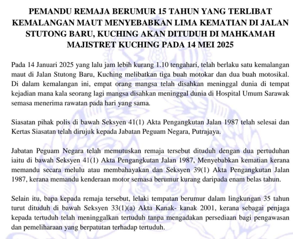 Remaja 15 Tahun Hadap 2 Pertuduhan Akibat Kemalangan Maut Ragut 5 Nyawa Di Stutong