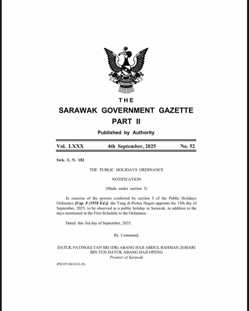 Sarawak Umum Cuti Tambahan 15 September Sempena Hari Malaysia 2025